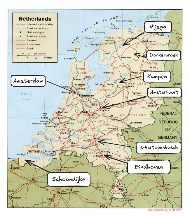 Map of the Netherlands showing mentioned locations