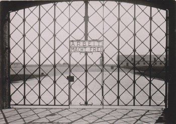 Dachau gatehouse with sign 'Arbeit Macht Frie' or 'Work sets you free'